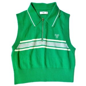Green Polo Cropped Tank Top with White Stripes & Zipper Detailing